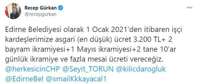 Edirne Belediyesi, çalışanları için asgari ücreti 3.200 TL yaptı Edirne Belediyesi, çalışanları için asgari ücreti 3.200 TL yaptı
