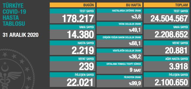 Son Dakika: Türkiye'De 31 Aralık Günü Koronavirüs Nedeniyle 239 Kişi Vefat Etti, 14 Bin 380 Yeni Vaka Tespit Edildi