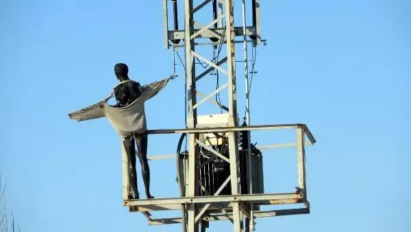 Kuşların elektrik akımına kapılmaması için trafo direğine cansız manken koydular Kuşların elektrik akımına kapılmaması için trafo direğine cansız manken koydular