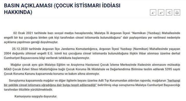'Engelli kıza cinsel istismar' iddiasıyla ilgili Malatya Valiliği'nden açıklama: Böyle bir bulgu yok