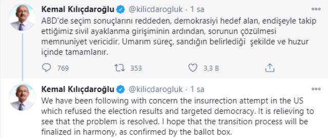 ABD Kongresi'ndeki baskına ilişkin CHP lideri Kılıçdaroğlu İngilizce mesaj paylaştı: Sorunun çözülmesi memnuniyet verici
