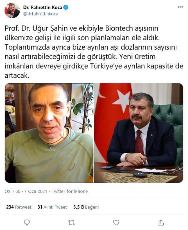 Son Dakika: Bakan Koca ile BioNTech kurucusu Uğur Şahin arasında koronavirüs aşısı görüşmesi