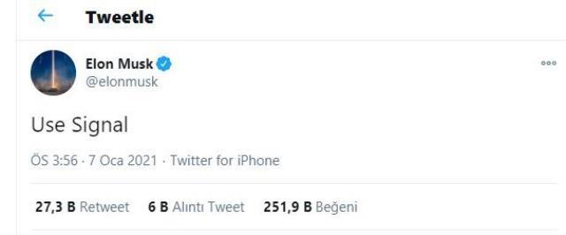 Elon Musk'ın "Signal kullanın" paylaşımının ardından ...