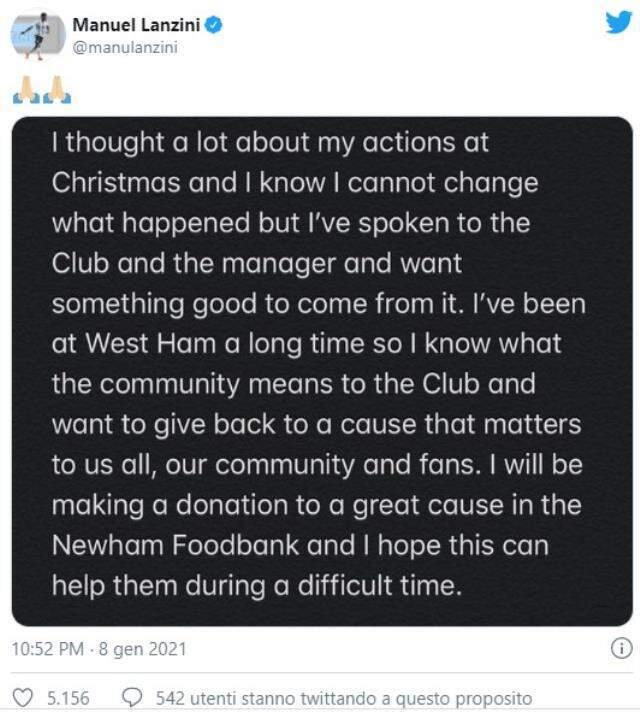 Lanzini, who breaks the corona rules, wants to apologize with his donation to the food bank Lanzini, who breaks the corona rules, wants to apologize with his donation to the food bank