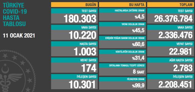 Son Dakika: Türkiye'de 11 Ocak günü koronavirüs nedeniyle 174 kişi vefat etti, 10 bin 220 yeni vaka tespit edildi