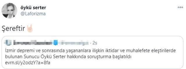 Paylaşımlarından dolayı hakkında soruşturma başlatılan Öykü Serter'den ilk açıklama: Şereftir Paylaşımlarından dolayı hakkında soruşturma başlatılan Öykü Serter'den ilk açıklama: Şereftir