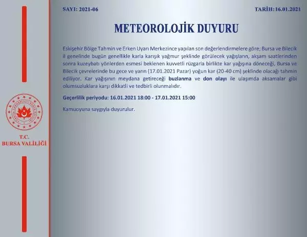 Bursa Valiliği'nden 'kar' uyarısı Bursa Valiliği'nden 'kar' uyarısı