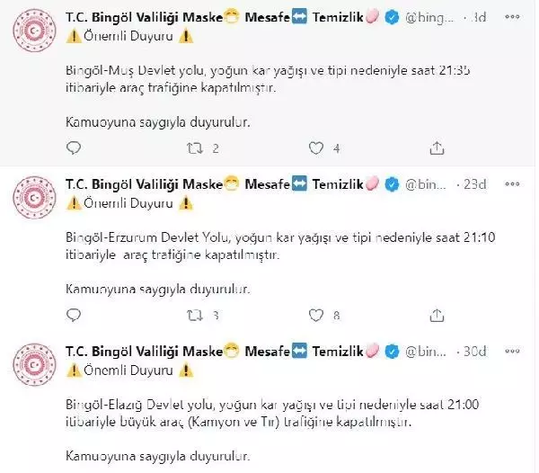 Kar nedeniyle Bingöl'ün 2 kentle ulaşımı kesildi, 1 kentle sınırlı devam ediyor Kar nedeniyle Bingöl'ün 2 kentle ulaşımı kesildi, 1 kentle sınırlı devam ediyor