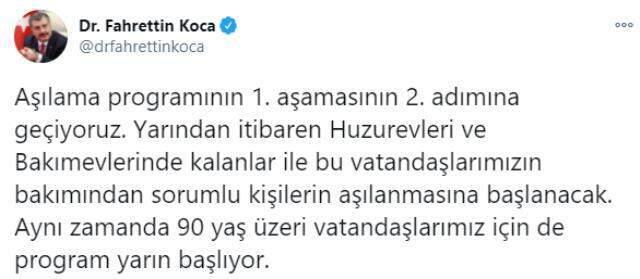 Son Dakika: Yarından itibaren aşılama programının 2. adımına geçilerek huzurevleri ve bakımevlerinde kalanlar aşılanacak