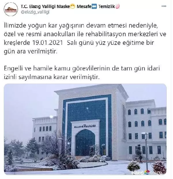 Elazığ'da kar nedeniyle yüz yüze eğitime bir gün ara verildi Elazığ'da kar nedeniyle yüz yüze eğitime bir gün ara verildi