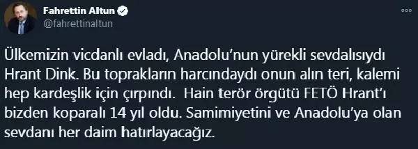 İletişim Başkanı Altun, vefatının 14'üncü yılında Hrant Dink'i andı İletişim Başkanı Altun, vefatının 14'üncü yılında Hrant Dink'i andı