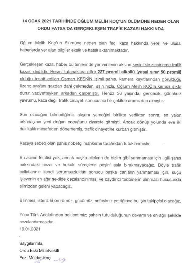 Oğlunu trafik kazasında kaybeden eski vekilden açıklama: Oğlum, alkollü sürücünün arkadan çarpmasıyla hayatını kaybetti