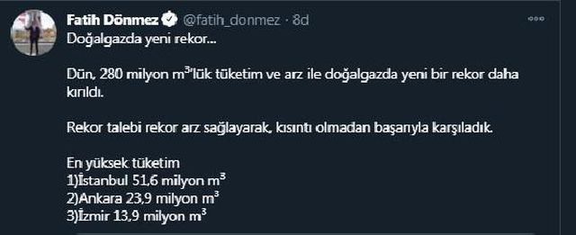 Bakan Dönmez: Doğalgazda yeni bir rekor daha kırıldı