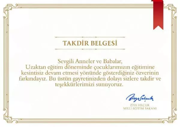 Son dakika! Bakan Selçuk'tan, velilere 'Takdir Belgesi' Son dakika! Bakan Selçuk'tan, velilere 'Takdir Belgesi'