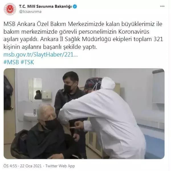 MSB Ankara Özel Bakım Merkezinde kalan yüksek risk grubundakiler Kovid-19 aşısı oldu MSB Ankara Özel Bakım Merkezinde kalan yüksek risk grubundakiler Kovid-19 aşısı oldu