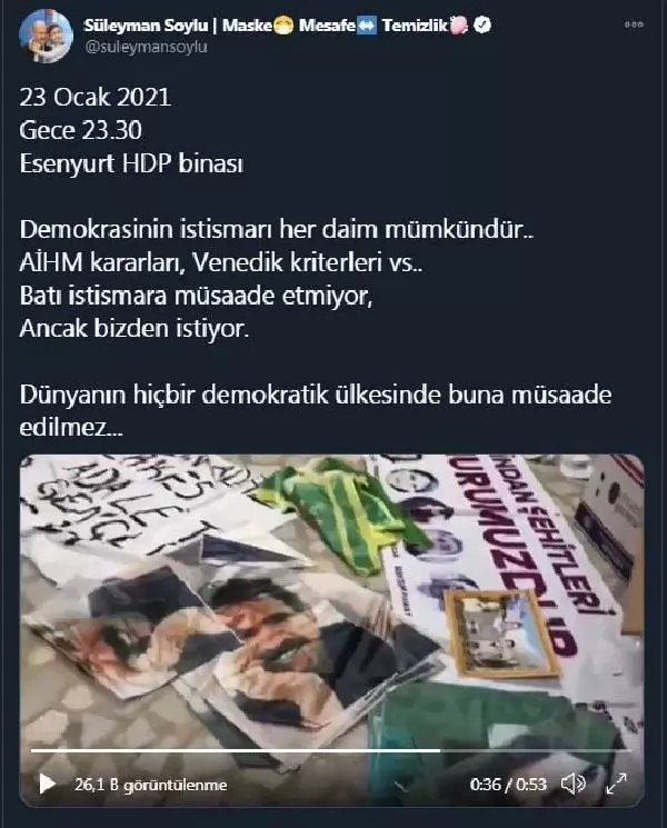 Bakan Soylu, HDP ilçe binasında PKK elebaşı Öcalan'ın posterlerini gösteren video paylaştı Bakan Soylu, HDP ilçe binasında PKK elebaşı Öcalan'ın posterlerini gösteren video paylaştı