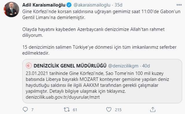 Son Dakika: Gine Körfezi'nde korsan saldırısına uğrayan Türk gemisi Gabon'un Gentil Limanı'na demirledi Son Dakika: Gine Körfezi'nde korsan saldırısına uğrayan Türk gemisi Gabon'un Gentil Limanı'na demirledi