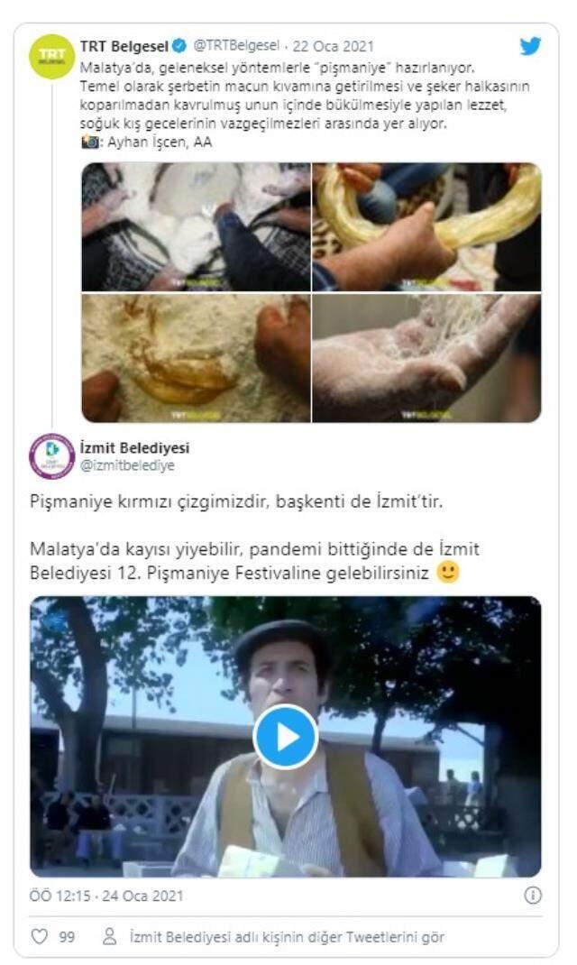 TRT Belgesel'in pişmaniye paylaşımına İzmit Belediyesi'nden espirili gönderme: Kırmızı çizgimizdir TRT Belgesel'in pişmaniye paylaşımına İzmit Belediyesi'nden espirili gönderme: Kırmızı çizgimizdir