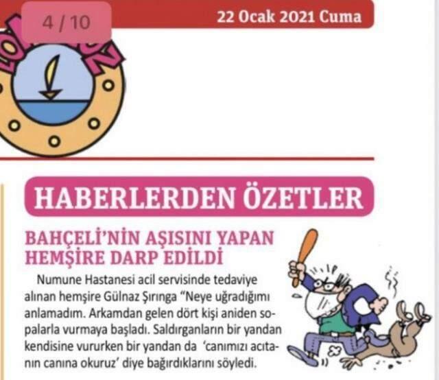 'Bahçeli'ye aşı yapan hemşire darbedildi' karikatürü gerçekmiş gibi sunan Özlem Gürses özür diledi 'Bahçeli'ye aşı yapan hemşire darbedildi' karikatürü gerçekmiş gibi sunan Özlem Gürses özür diledi