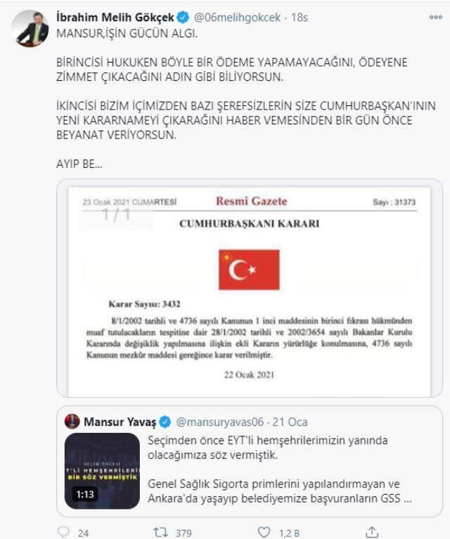 Melih Gökçek GSS primleri üzerinden Yavaş'ı hedef alıp bazı AK Partililere tepki gösterdi Melih Gökçek GSS primleri üzerinden Yavaş'ı hedef alıp bazı AK Partililere tepki gösterdi