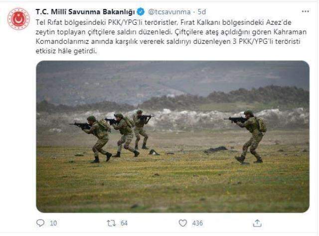 Son Dakika: Azez'de zeytin toplayan çiftçilere saldırı düzenleyen 3 PKK'lı terörist etkisiz hale getirildi