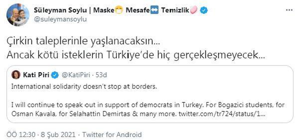Bakan Soylu'dan Kati Piri'ye cevap: Kirli taleplerinle yaşlanacaksın