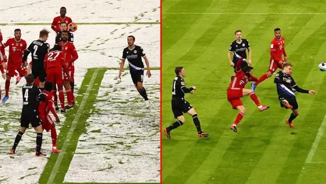 Bayern-Bielefeld maçının ilk yarısında kardan bembeyaz olan saha, ikinci yarıda temizlenerek eski haline getirildi Bayern-Bielefeld maçının ilk yarısında kardan bembeyaz olan saha, ikinci yarıda temizlenerek eski haline getirildi