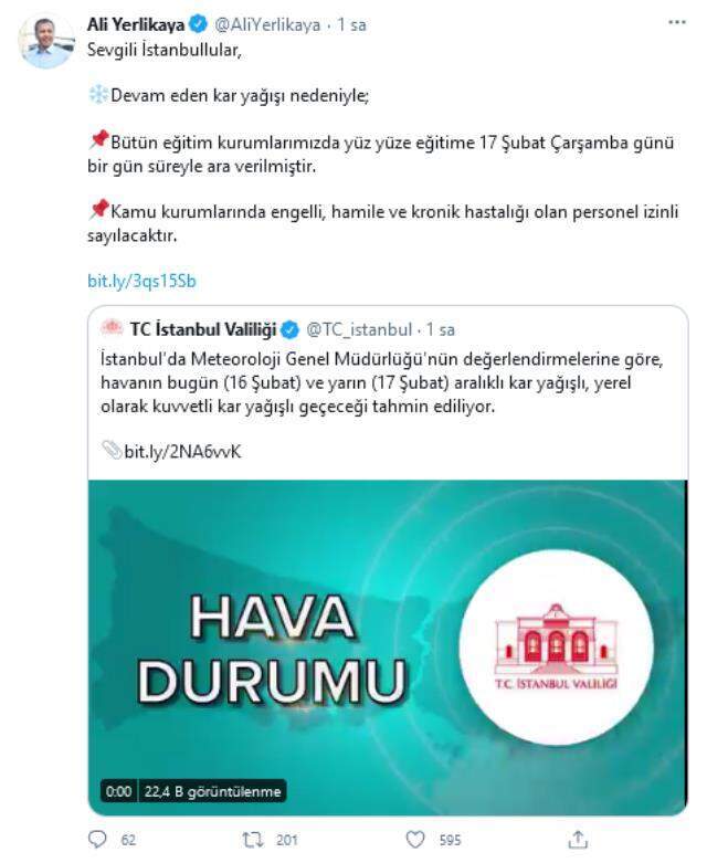 Son Dakika: İstanbul'da kar yağışı nedeniyle yüze yüze eğitime 1 gün daha ara verildi