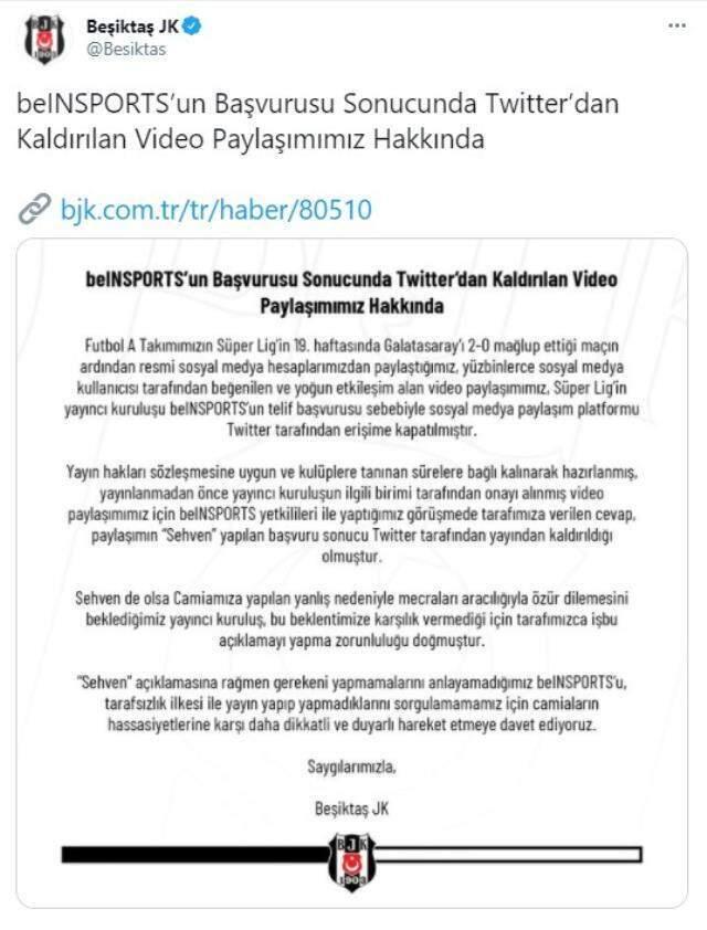 Beşiktaş, paylaştıkları videonun yayıncı kuruluş tarafından kaldırılmasına tepki gösterdi Beşiktaş, paylaştıkları videonun yayıncı kuruluş tarafından kaldırılmasına tepki gösterdi