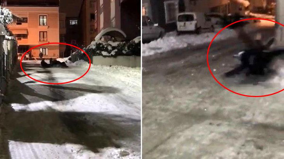 Karda poşetle kayan 3 genç elektrik direğine çarparak yola savruldu! O anlar kamerada
