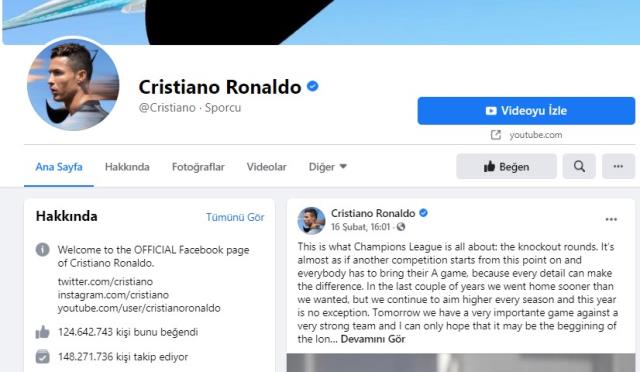 Üç farklı sosyal medya hesabında 500 milyon takipçiye ulaşan Ronaldo, Instagram'dan yıllık 50 milyon dolar kazanıyor