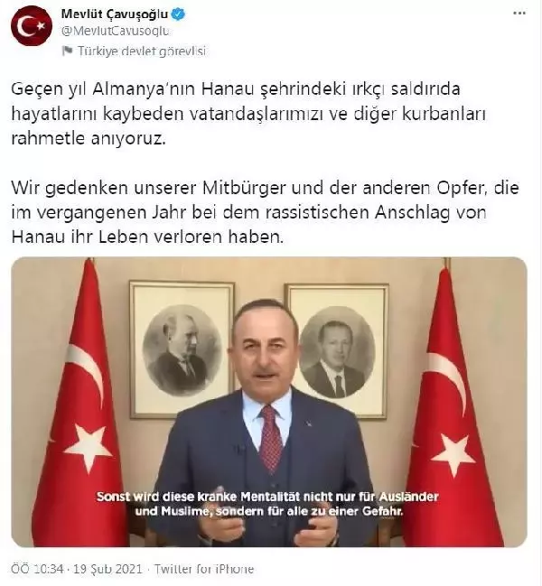 Dışişleri Bakanı Çavuşoğlu, Almanya'nın Hanau kentindeki ırkçı saldırının kurbanlarını andı Dışişleri Bakanı Çavuşoğlu, Almanya'nın Hanau kentindeki ırkçı saldırının kurbanlarını andı