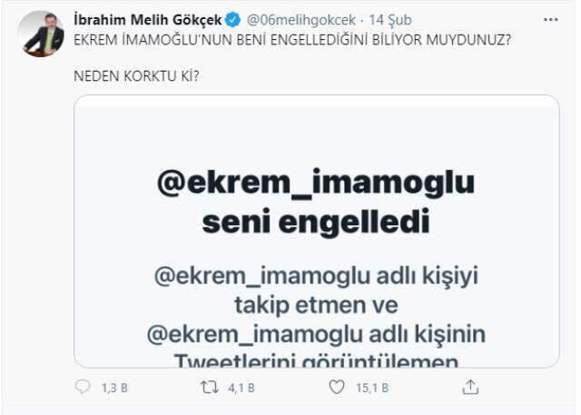İmamoğlu engelleyince art arda paylaşımlar yapan Gökçek iddialı konuştu: Benden korkuyor İmamoğlu engelleyince art arda paylaşımlar yapan Gökçek iddialı konuştu: Benden korkuyor