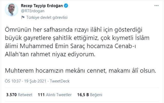Türkiye'nin önde gelen hadis alimlerinden Emin Saraç hayatını kaybetti Türkiye'nin önde gelen hadis alimlerinden Emin Saraç hayatını kaybetti