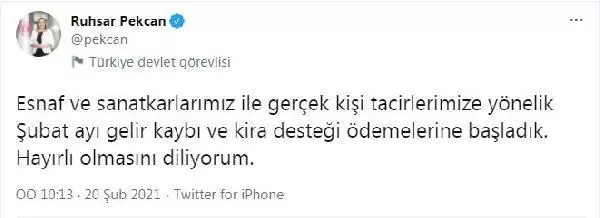 Bakan Pekcan: Şubat ayı gelir kaybı ve kira desteği ödemeleri başladık Bakan Pekcan: Şubat ayı gelir kaybı ve kira desteği ödemeleri başladık