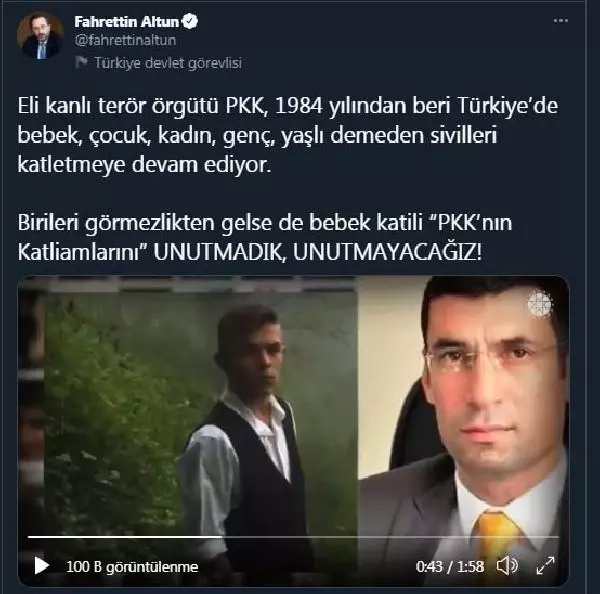 Cumhurbaşkanlığı İletişim Başkanı Altun, PKK'nın sivil katliamlarına yönelik video paylaştı Cumhurbaşkanlığı İletişim Başkanı Altun, PKK'nın sivil katliamlarına yönelik video paylaştı