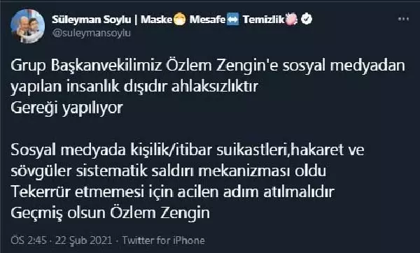 Bakan Soylu: Özlem Zengin'e sosyal medyadan yapılan insanlık dışıdır Bakan Soylu: Özlem Zengin'e sosyal medyadan yapılan insanlık dışıdır