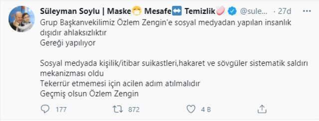 Bakan Soylu, Özlem Zengin'e yapılan çirkin saldırıyı kınadı: İnsanlık dışıdır, gereği yapılıyor Bakan Soylu, Özlem Zengin'e yapılan çirkin saldırıyı kınadı: İnsanlık dışıdır, gereği yapılıyor