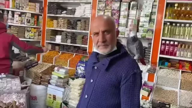 Müşterilerini omzundan ayırmadığı papağanı 'Paşa' ile karşılıyor Müşterilerini omzundan ayırmadığı papağanı 'Paşa' ile karşılıyor