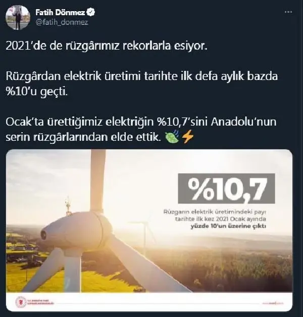 Bakan Dönmez: Rüzgardan elektrik üretimi tarihte ilk defa aylık bazda yüzde 10'u geçti Bakan Dönmez: Rüzgardan elektrik üretimi tarihte ilk defa aylık bazda yüzde 10'u geçti