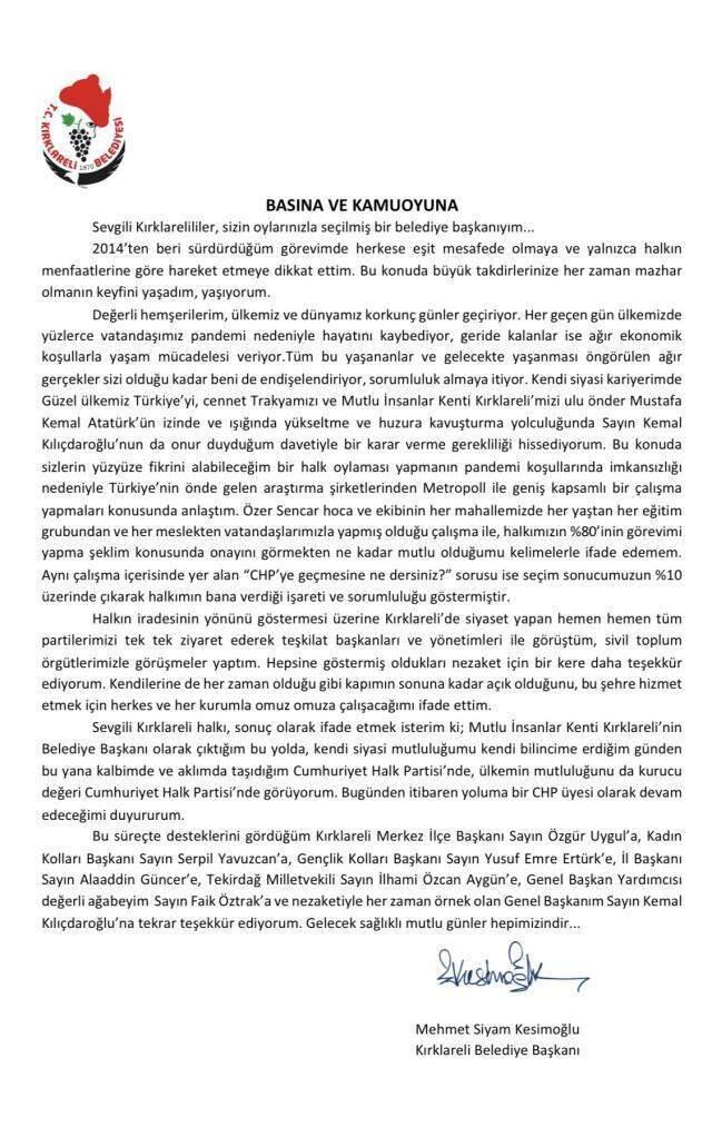 Kırklareli Belediye Başkanı Mehmet Siyam Kesimoğlu 2 yıl sonra CHP'ye geri döndü Kırklareli Belediye Başkanı Mehmet Siyam Kesimoğlu 2 yıl sonra CHP'ye geri döndü