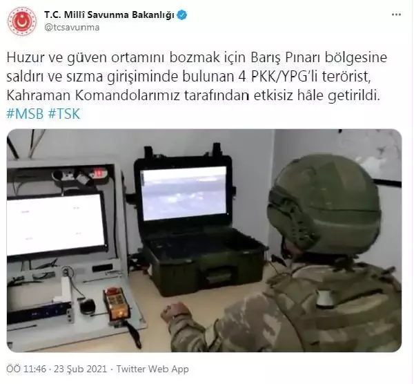 Son dakika haberleri! MSB: 4 PKK/YPG'li terörist etkisiz hale getirildi Son dakika haberleri! MSB: 4 PKK/YPG'li terörist etkisiz hale getirildi