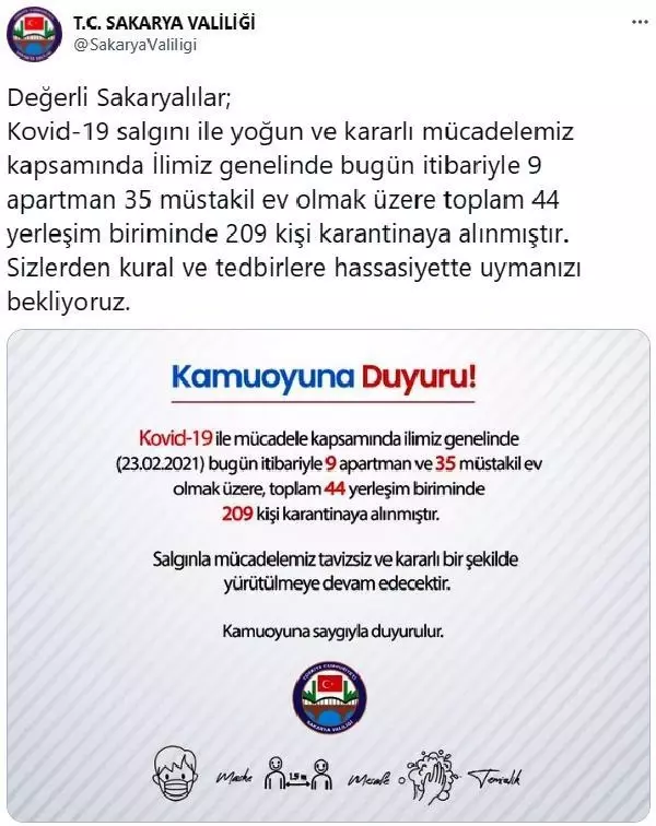 Sakarya'da 209 kişi karantinaya alındı Sakarya'da 209 kişi karantinaya alındı