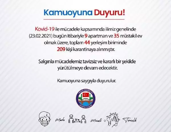 Sakarya'da 209 kişi karantinaya alındı
