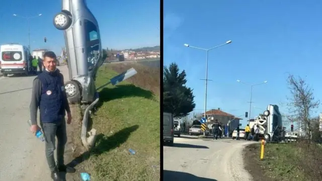 Kazadan sonra dik kalan aracı görenler hatıra fotoğrafı çektirdi Kazadan sonra dik kalan aracı görenler hatıra fotoğrafı çektirdi