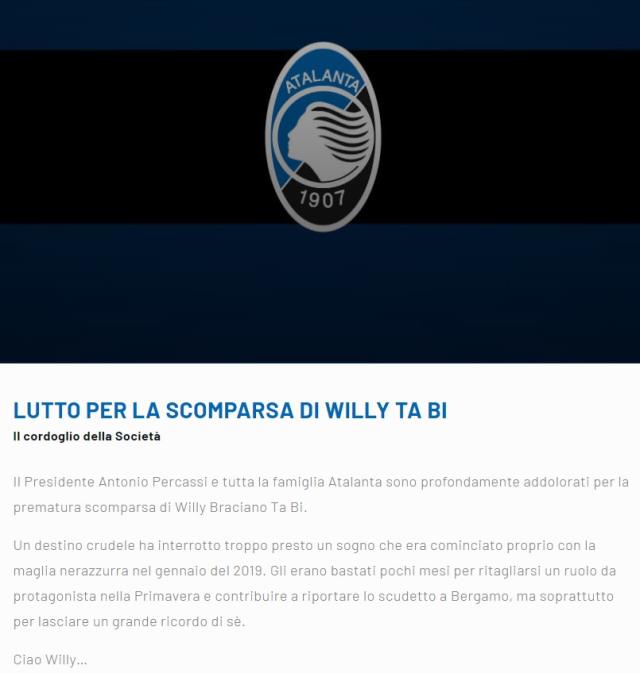Willy Braciano Ta Bi, 21-year-old footballer of Atalanta, dies