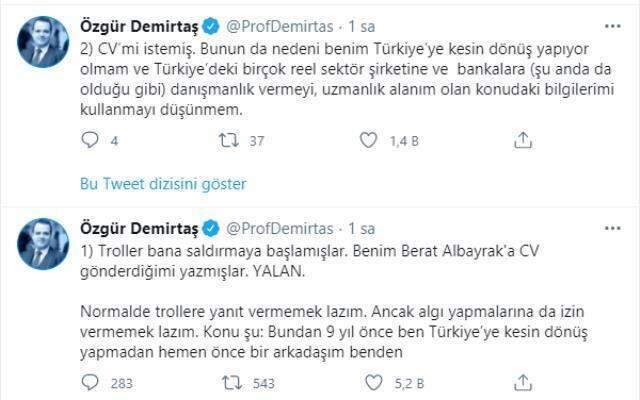Ekonomist Özgür Demirtaş'ın, eski Hazine Berat Albayrak'a CV gönderdiği iddiası