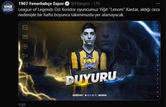 Riot Games, LoL Fenerbahçe Espor oyuncusu Lenom'u maçlardan men etti! Riot Games, LoL Fenerbahçe Espor oyuncusu Lenom'u maçlardan men etti!