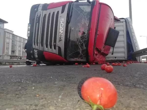 Ordu'da TIR devrildi, sebze- meyveler yola saçıldı