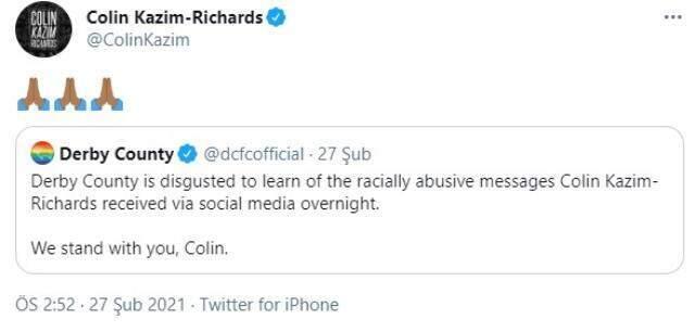 Derby Country'de forma giyen Colin Kazım Richards sosyal medyada ırkçı saldırılara maruz kaldı